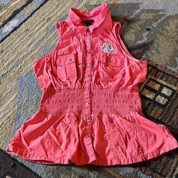 Dereon Pink/Peach Smocked Peplum Button Down Shirt - Picture 1 of 10